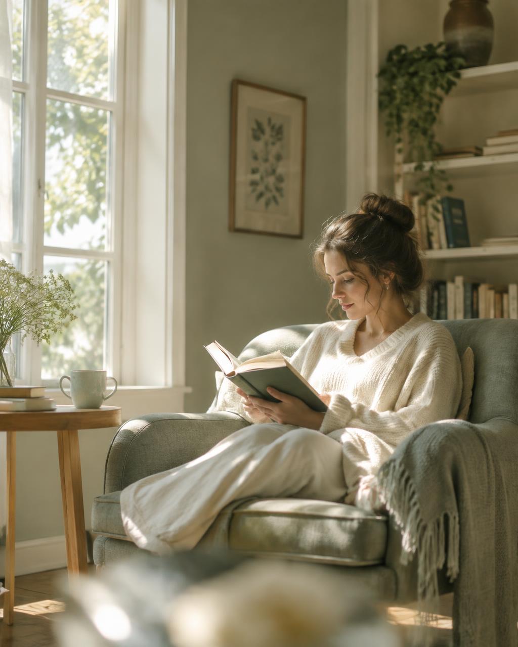 A person reading quietly in a calm, sunlit room